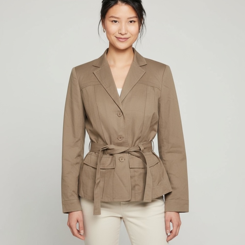 ⭐️ Talbots Italian Linen Woven Military Safari Belted Jacket Cinched Back Sz 10